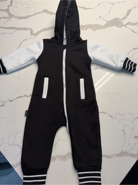 Olive and Scout Black & White Hooded One-Piece Jumpsuit